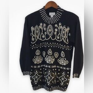 VTG Margules Sweater sz M Black Heavily Beaded Pearl Front Mock Neck Grandmacore